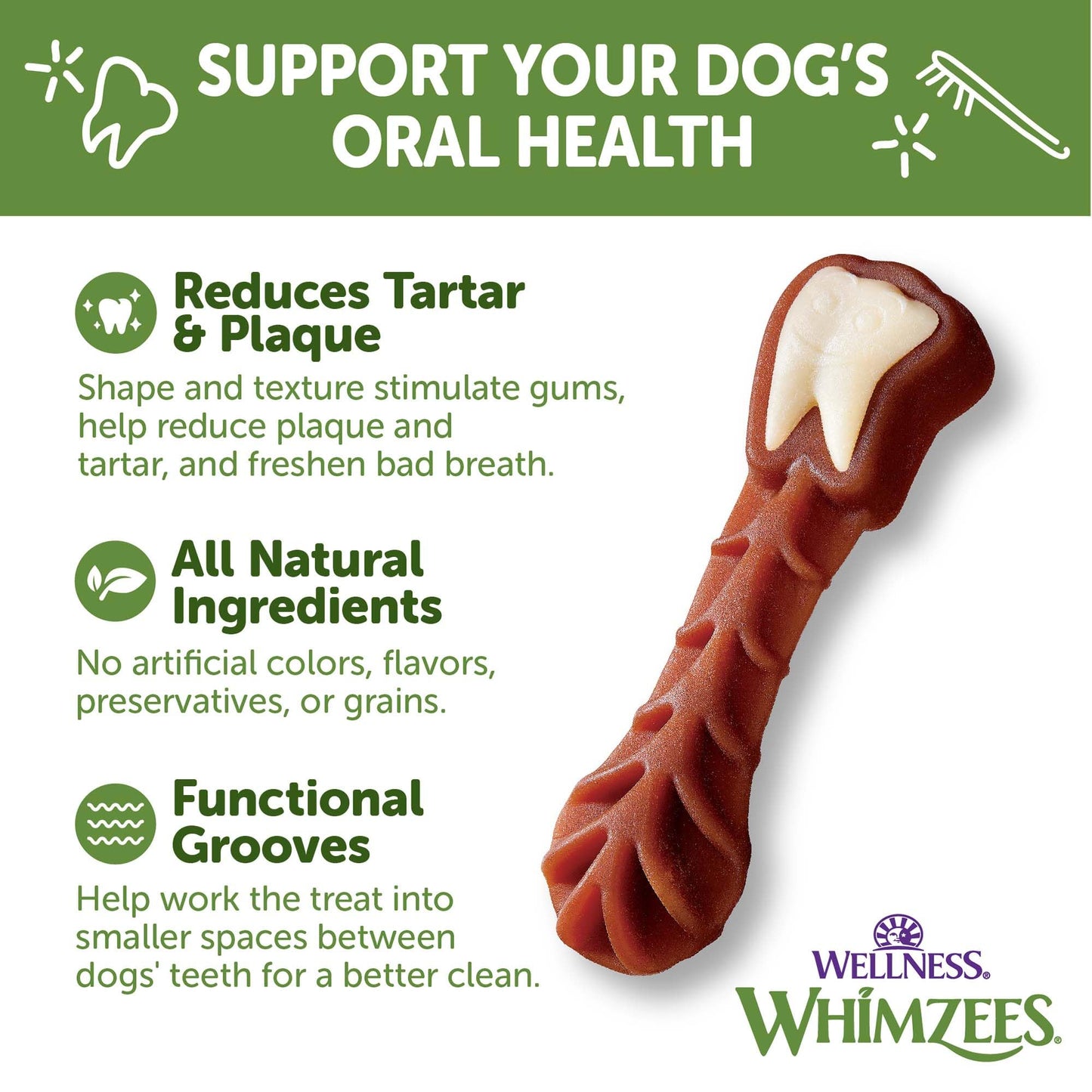 Wellness WHIMZEES Brushzees Dog Dental Treats, Natural Chews, Medium Size Stick, (12 Count)