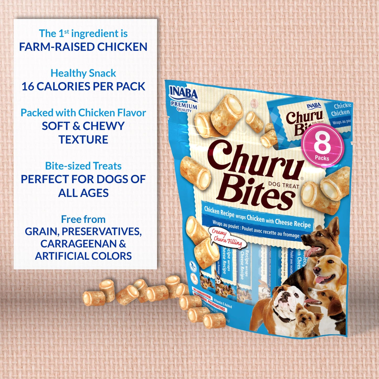 INABA Churu Bites for Dogs, Grain-Free, Soft/Chewy Baked Chicken Wrapped Churu Filled Dog Treats, 0.42 Ounces Each Tube | 48 Tubes Total (8 Tubes per Pack), Chicken with Salmon Recipe