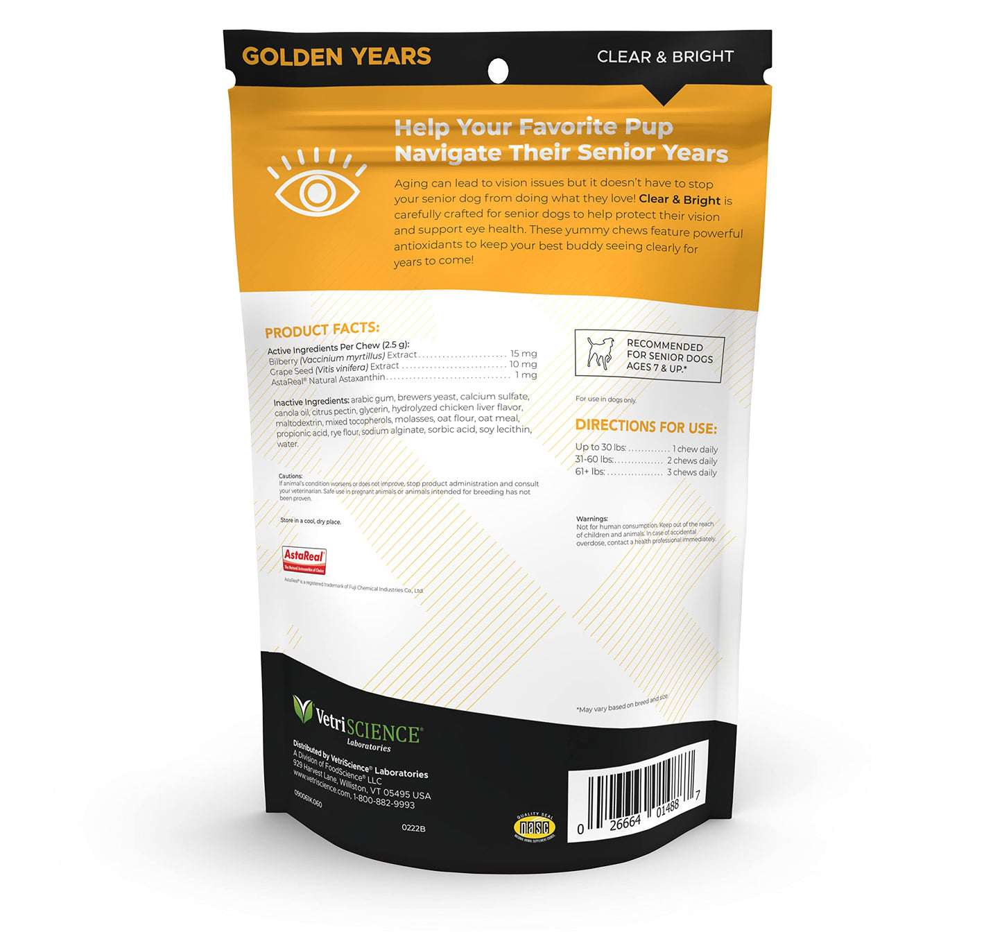 VetriScience Golden Years Clear and Bright Vision Support for Senior Dogs, Chicken Flavor, 60 Chews - Supports Cloudy and Teary Eyes and Ocular Blood Flow