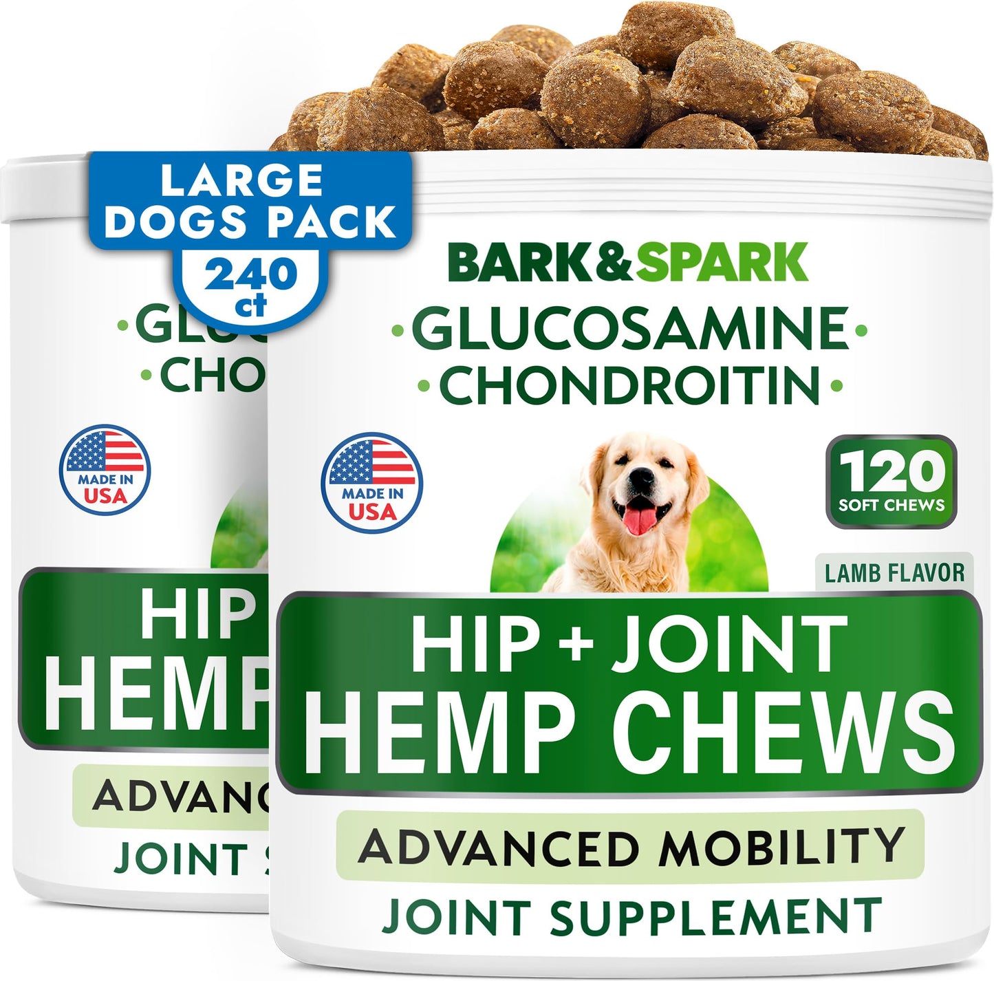 BARK&SPARK Hemp Treats + Glucosamine - Natural Joint Pain Relief - Hip & Joint Supplement w/MSM + Chondroitin + Hemp Oil + Omega 3 - Joint Pain Relief - Made in USA - Lamb Flavor - 240 Chews