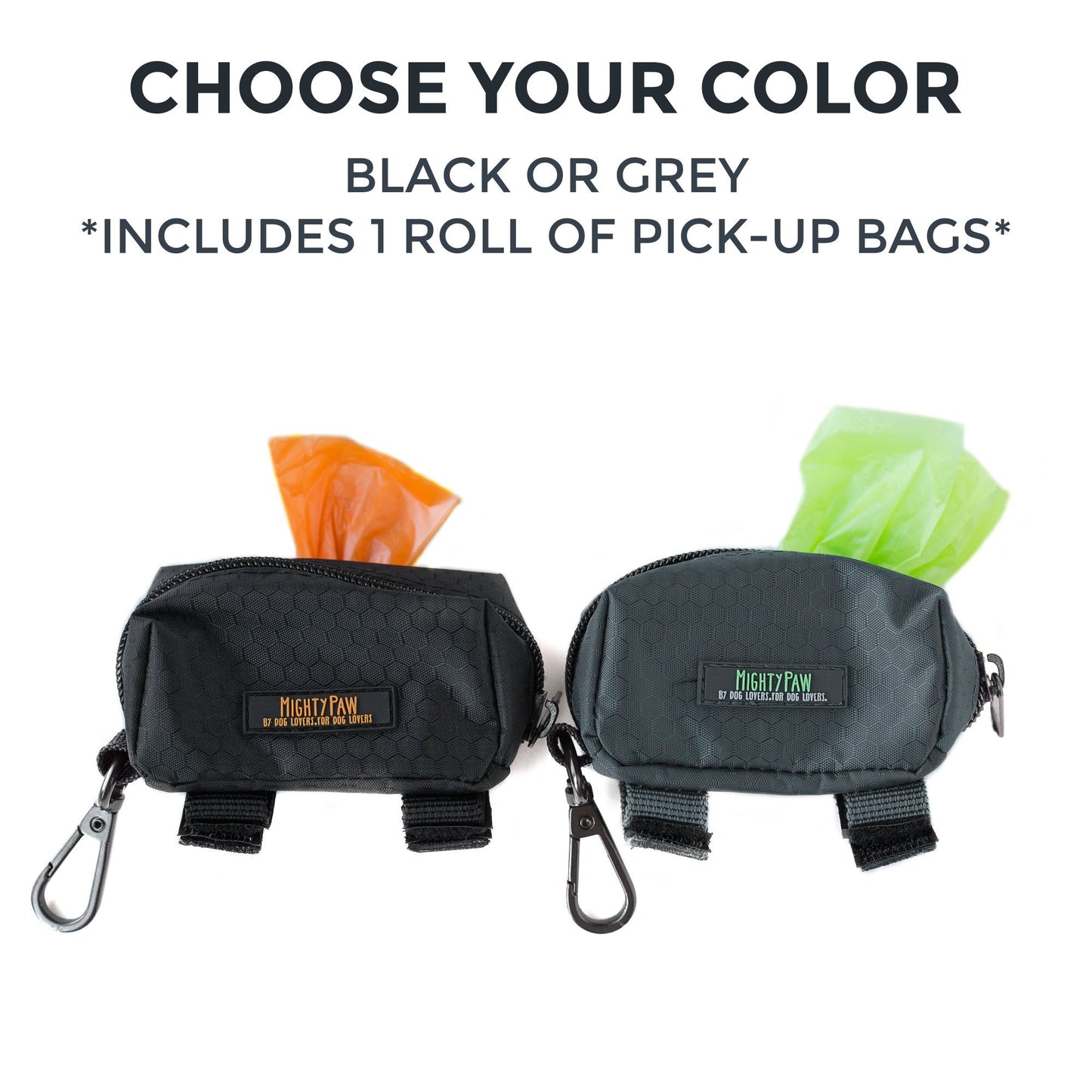 Mighty Paw Dog Poop Bag Holder - Zippered Pouch with Carabiner Hook - Includes Roll of Pick-up Bags - Pet Poop Holder and Dispenser - Pet Walking Supplies - (Grey/Green)