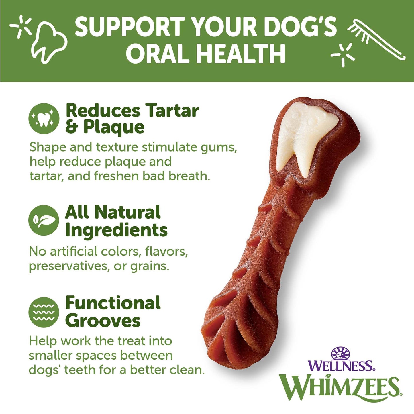 Wellness WHIMZEES Brushzees Dog Dental Treats, Natural Chews, Large Size Stick, (6 Count)