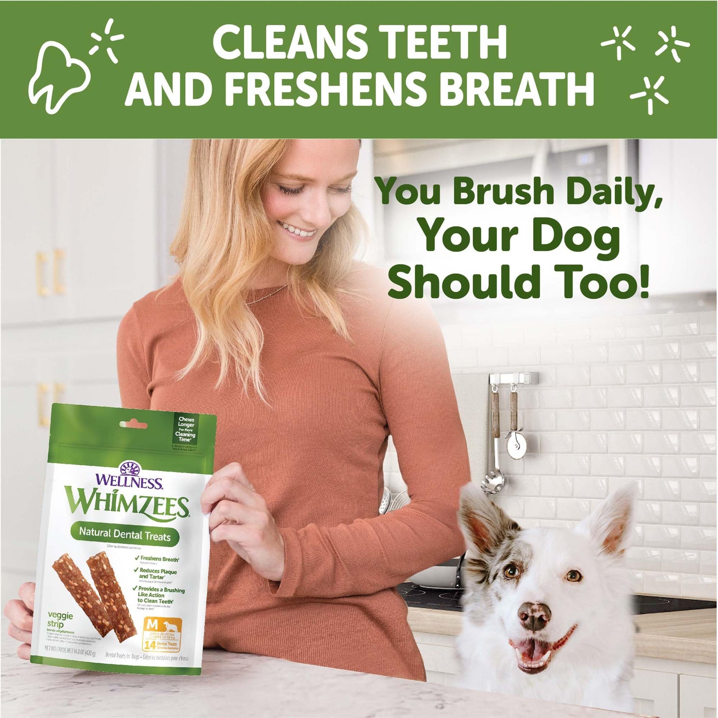 Wellness WHIMZEES Veggie Sausage Dog Dental Treats, Natural Chews, Medium Size Stick, (14 Count)