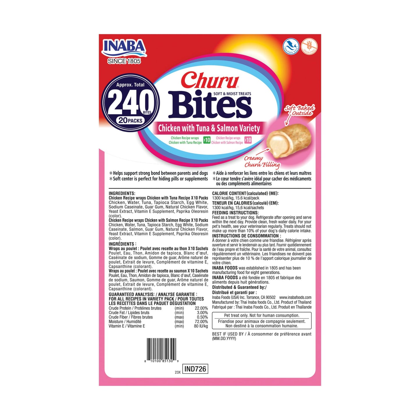 INABA Churu Bites Dog Treat, Grain-Free, Baked Chicken Filled with Churu, Chicken Recipe Wraps Tuna Recipe & Salmon Recipe 20 Pack Variety
