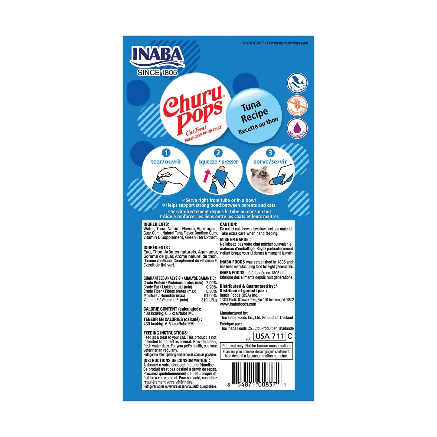 INABA Churu Pops, Grain-Free, Soft, Moist and Chewy Jelly Cat Treats with Vitamin E, 0.54 Ounces Each, 24 Tubes (4 per Pack), Tuna Recipe