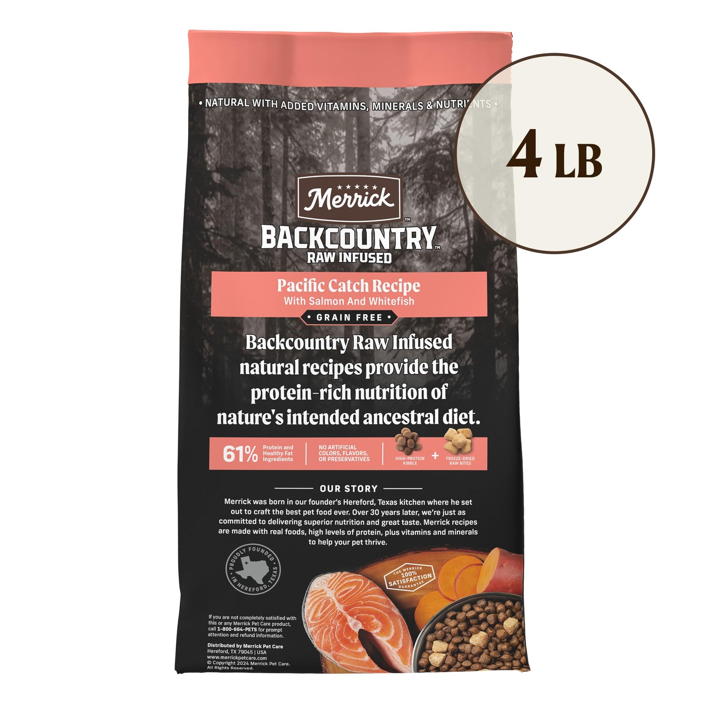 Merrick Backcountry Grain Free Dry Adult Dog Food, Kibble With Freeze Dried Raw Pieces, Pacific Catch With Salmon - 4.0 lb. Bag
