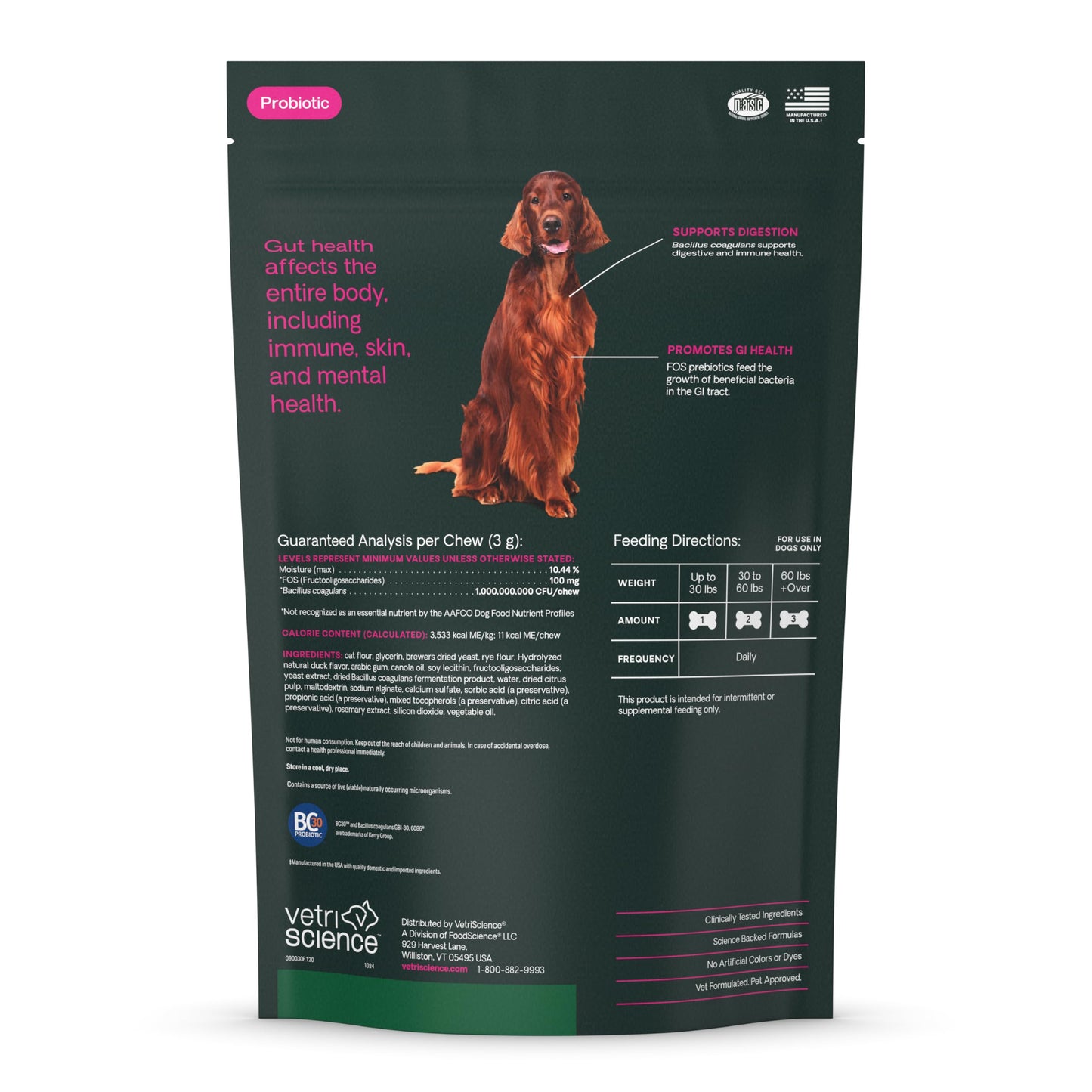 VetriScience Gut Health Chews, Probiotic Everyday Digestive Supplement for Dogs, Digestion Support, Gas & Diarrhea, Immune Support, 1 Billion CFU Per Chew, Duck, 120 Count