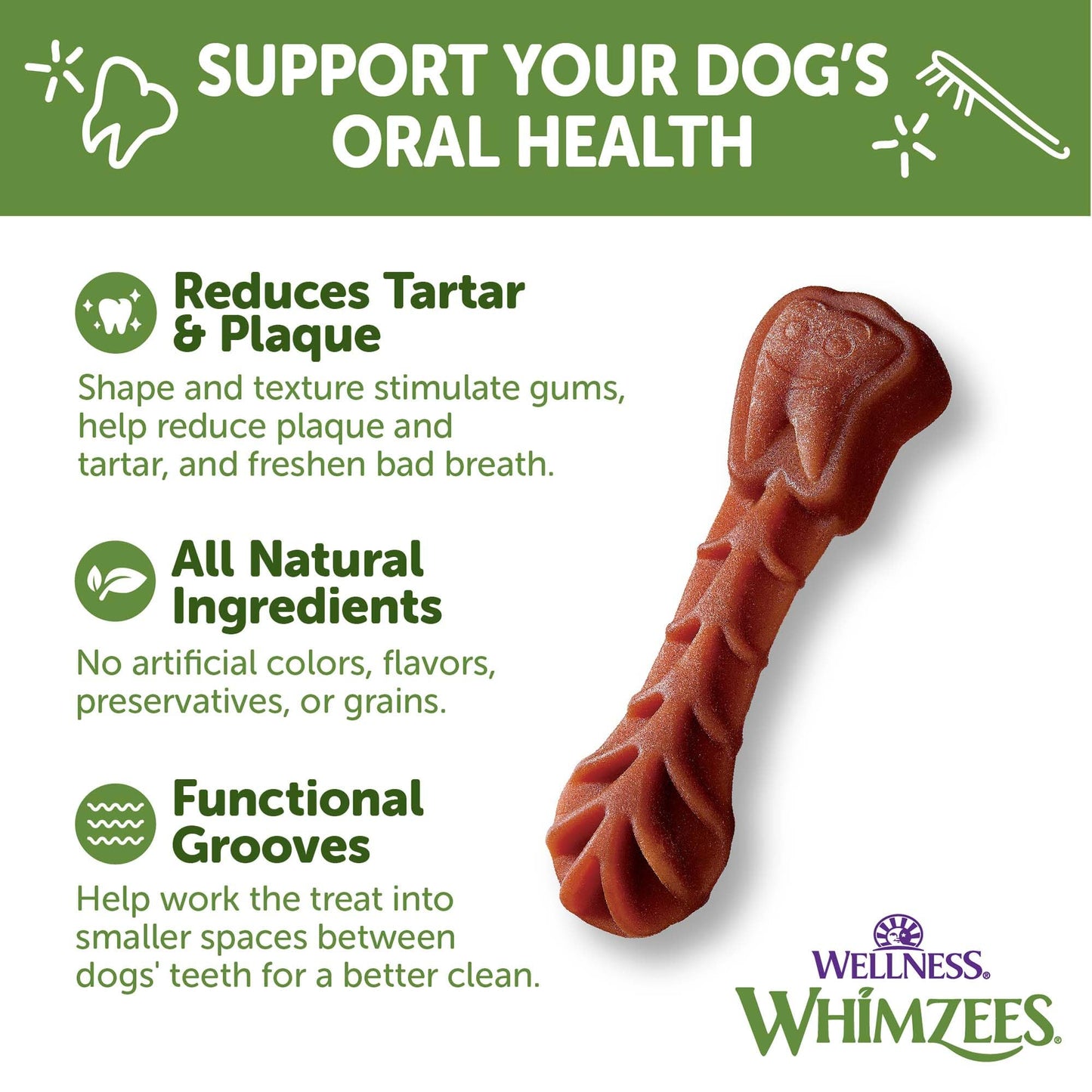 Whimzees Wellness Brushzees Dog Dental Treats, Natural Chews, Small Size Stick, (24 Count)