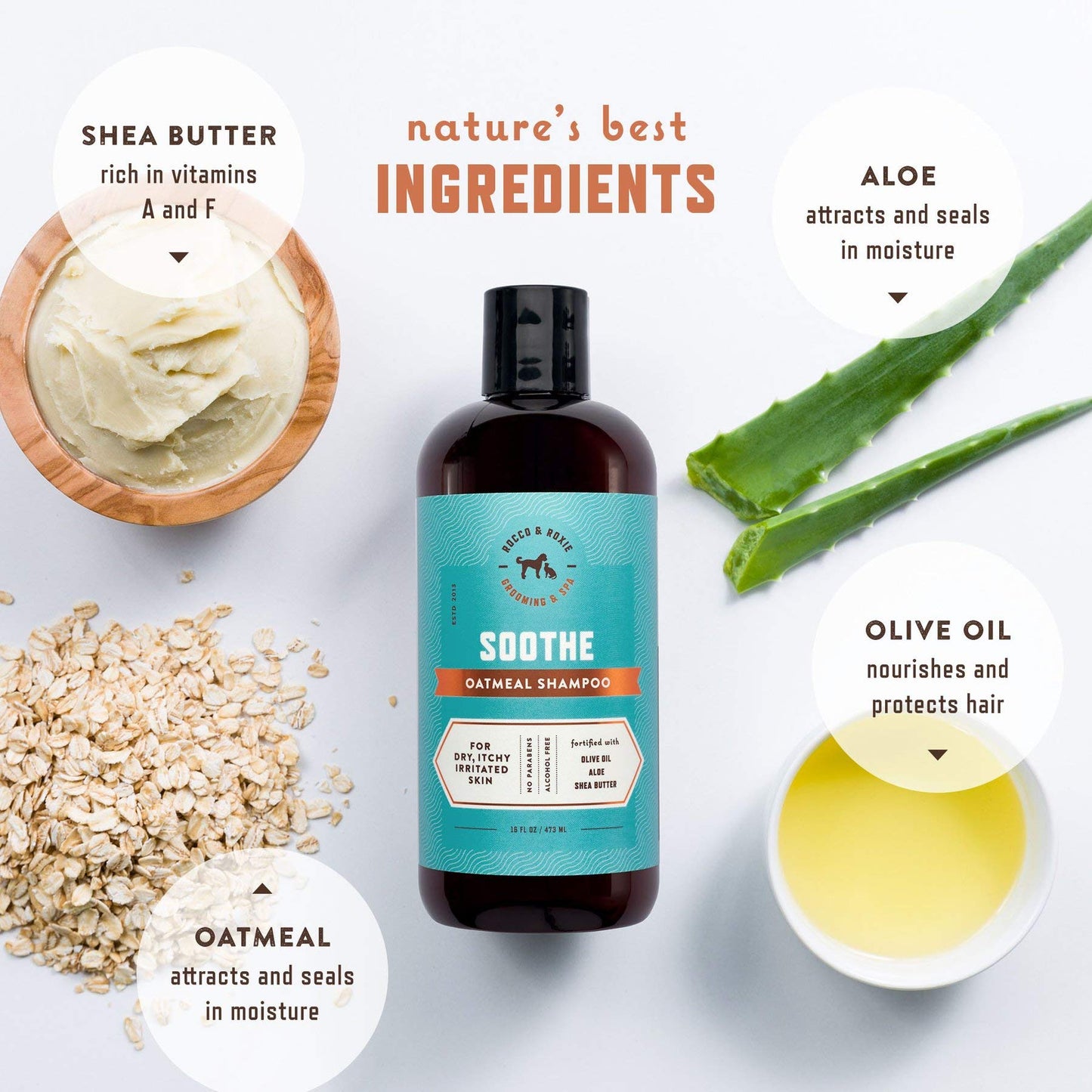 Rocco & Roxie Supply Co. Dog Shampoo and Conditioner - Soothe Oatmeal Shampoo for Itch Relief, Calm Hypoallergenic Shampoo for Sensitive Skin, and Shine Argan Oil Pet Wash - Puppy Bathing Supplies