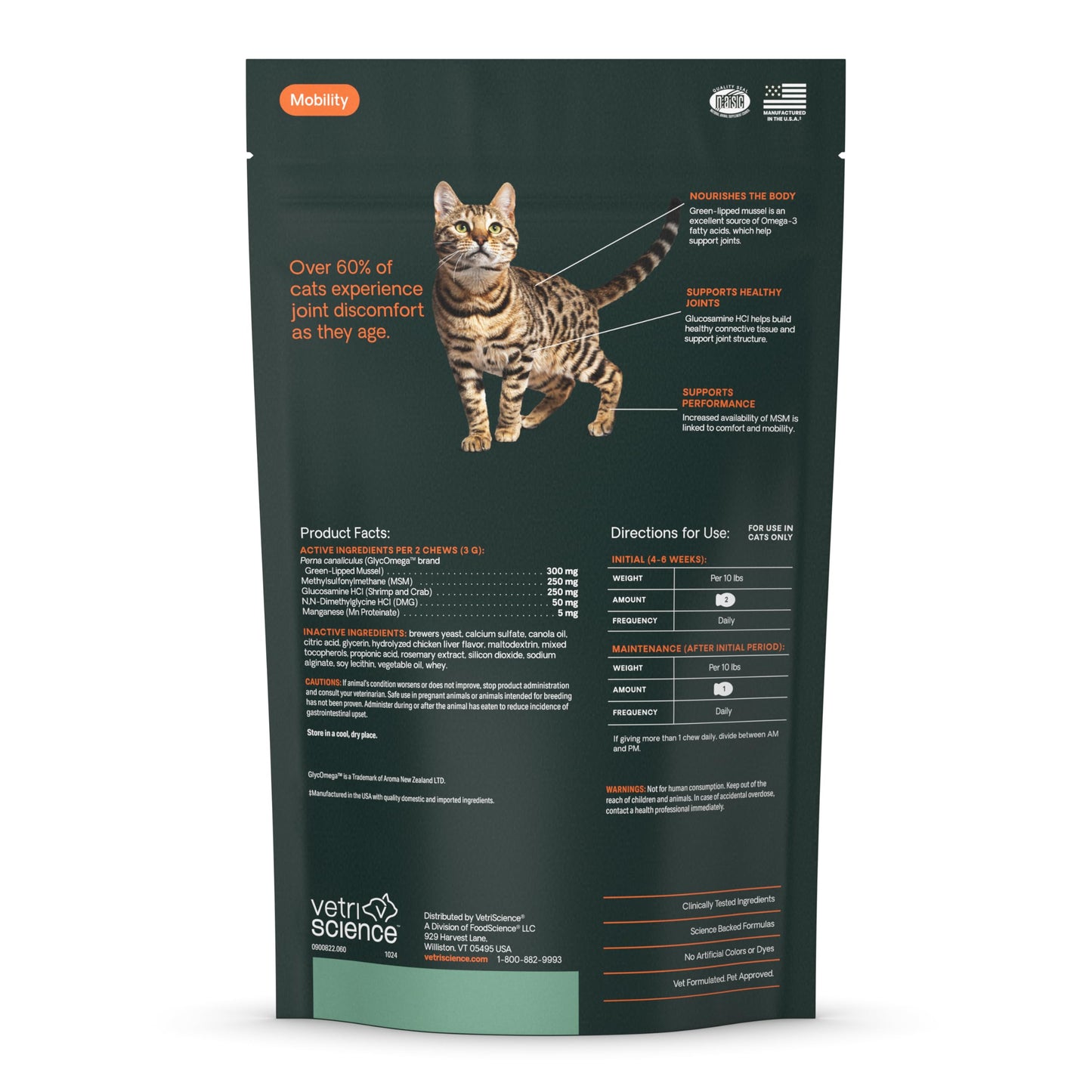 VetriScience Healthy Hip & Joint Chews, GlycoFlex Glucosamine and Green-Lipped Mussel Joint Support Supplement for Cats, Promote Mobility and Protect Joints, Chicken, 60 Count