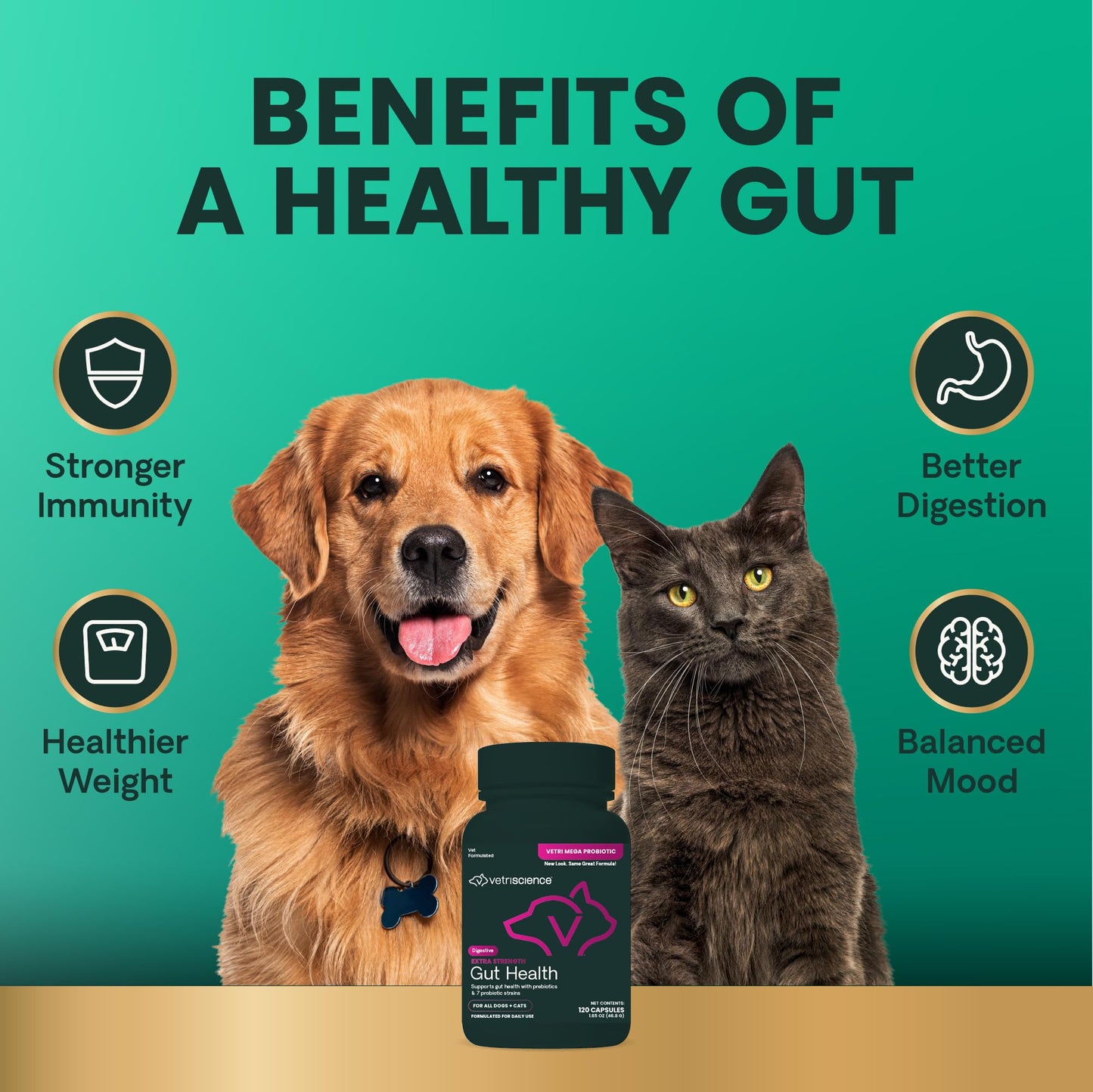 VetriScience Extra Strength Gut Health Easy-Open Capsules, Mega Probiotic and Prebiotic Digestive Supplement for Dogs and Cats, for Diarrhea and Immune Support, 7.5 Billion CFU Per Capsule, 120 Count