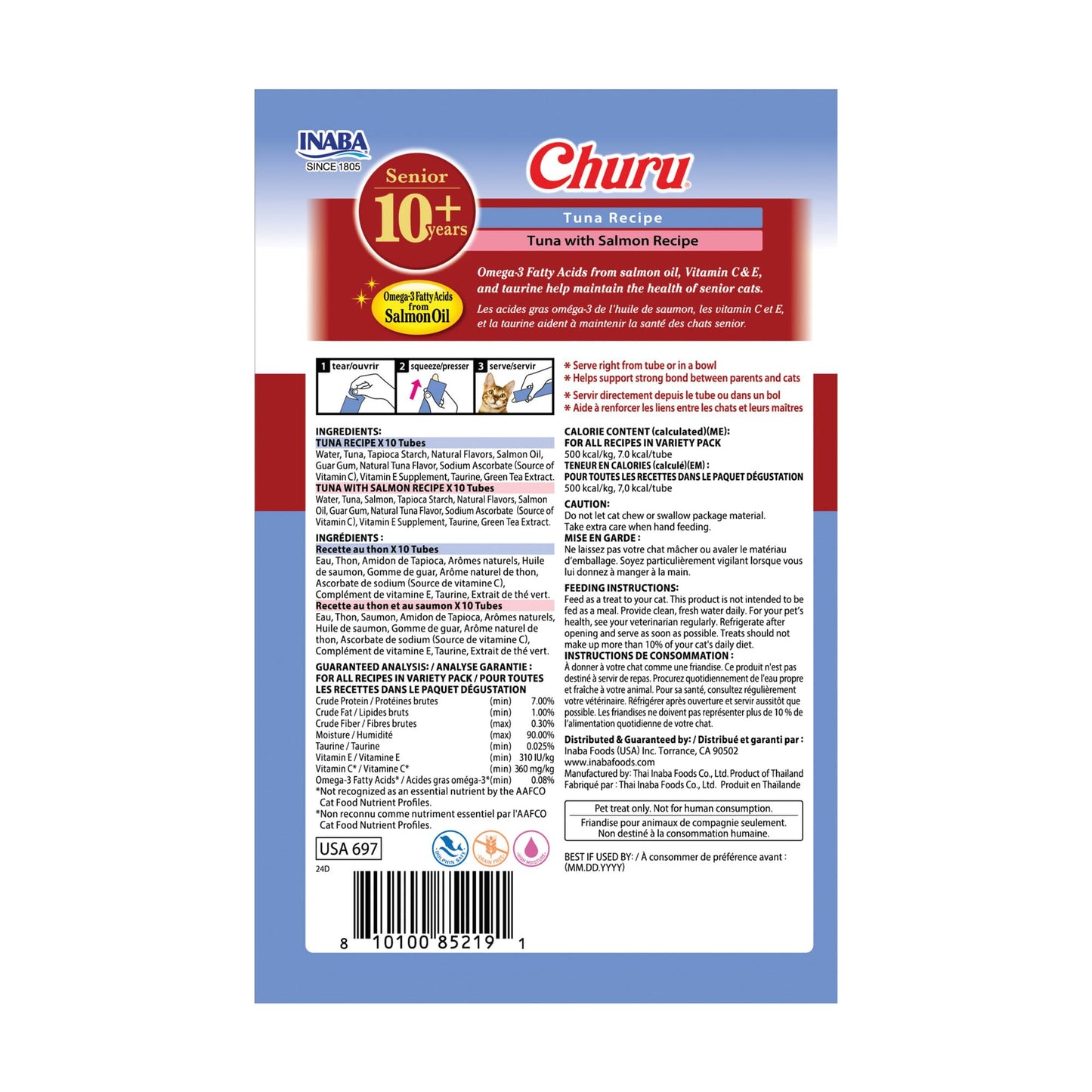 INABA Churu for Senior 10+, Creamy Lickable Cat Treats with Taurine, Vitamin E & C, 0.5 Ounces Each, 20 Tubes, Tuna Variety