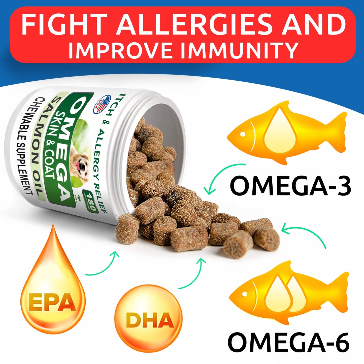 BARK&SPARK Omega 3 for Dogs - 360 Fish Oil Treats for Dog Shedding, Skin Allergy, Itch Relief, Hot Spots Treatment - Joint Health - Skin and Coat Supplement - EPA & DHA Fatty Acids - Alaskan Salmon