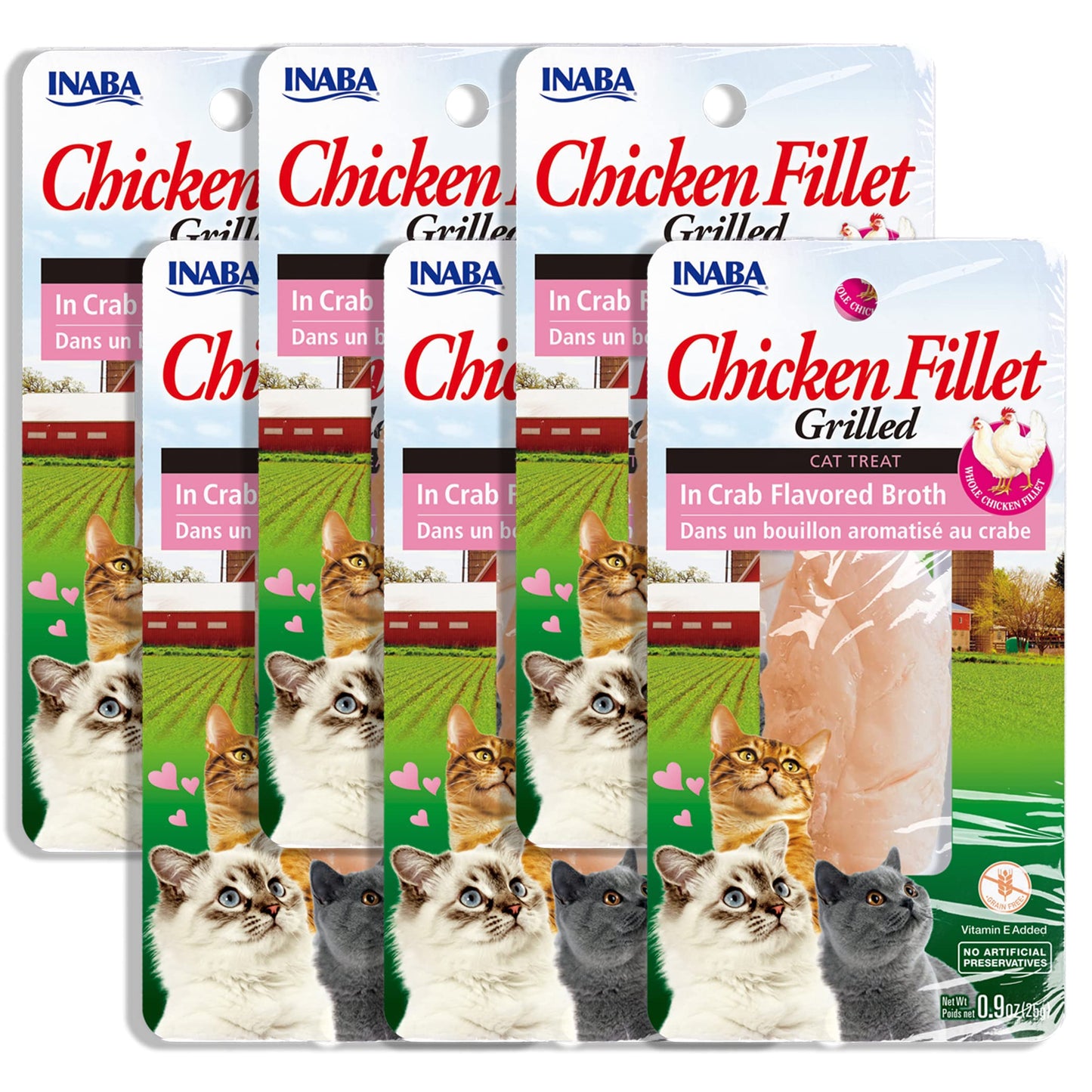 INABA Premium Hand-Cut Grilled Chicken Fillet Cat Treats/Topper with Vitamin E and Green Tea Extract, 0.9 Ounces Each, Pack of 6, Crab Broth
