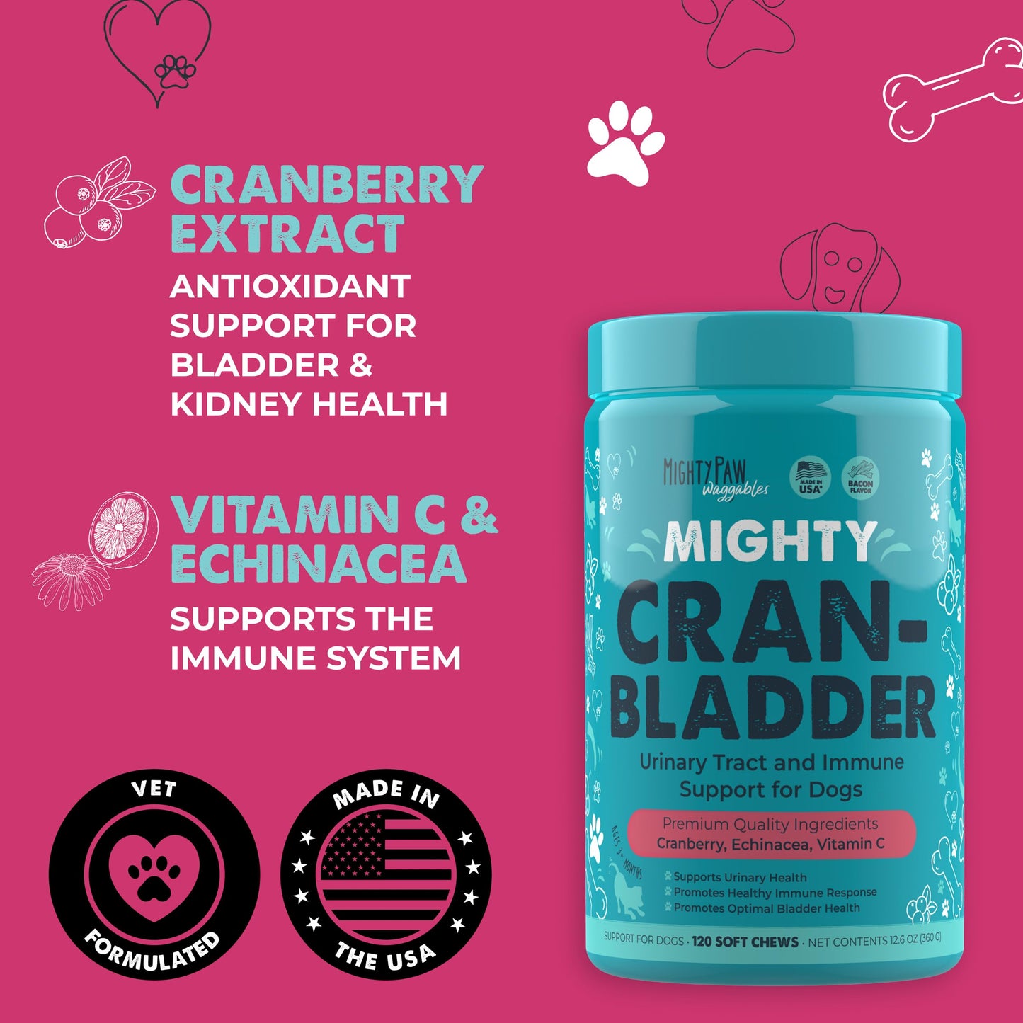 Mighty Paw Waggables Cran-Bladder (Made in The USA) | Vet Formulated Cranberry Supplement for Dogs – Cranberry Chews for Dogs, Urinary Tract & Bladder Support, Bacon Flavored, 120 Soft Chews