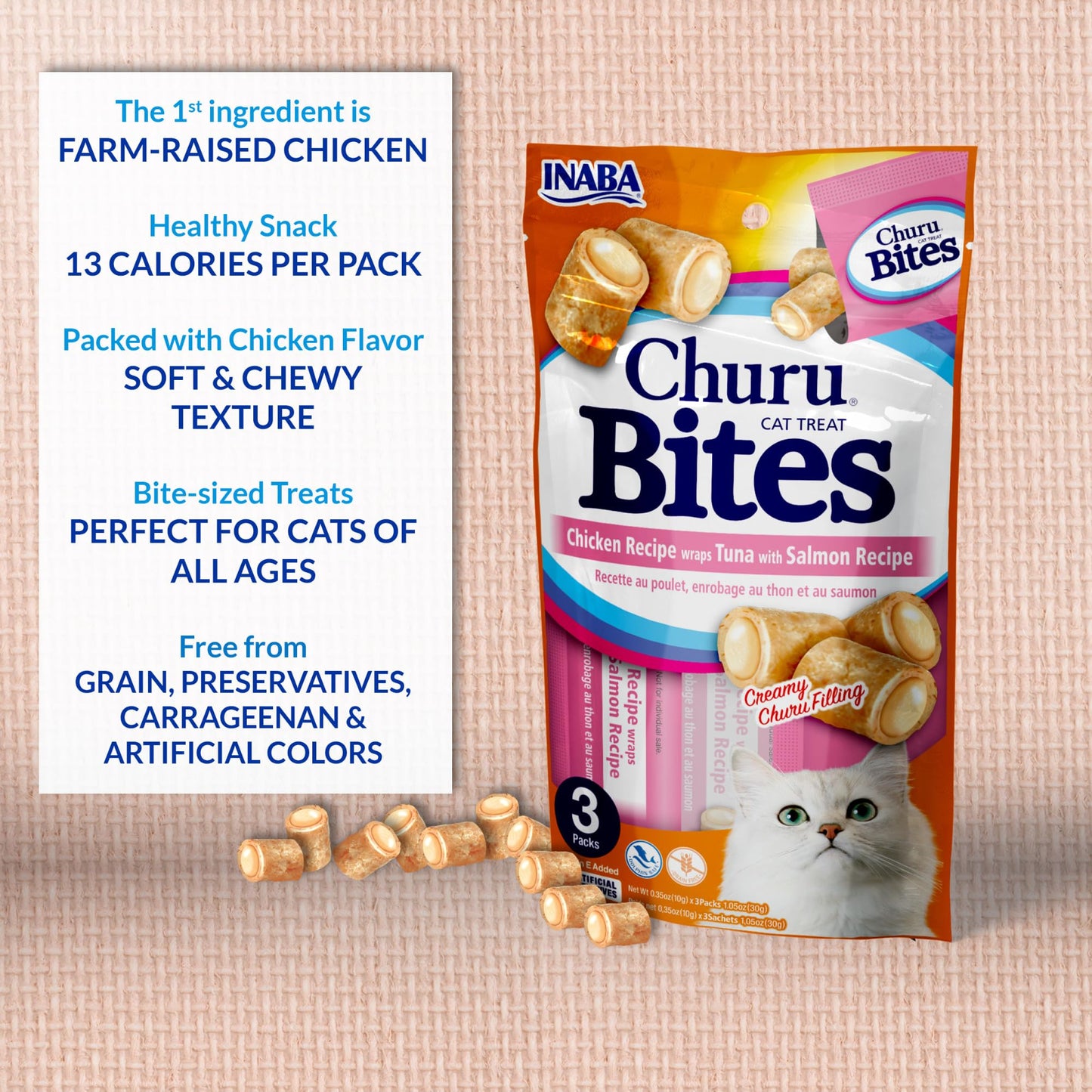 Inaba Churu Bites for Cats, Soft Baked Chicken Churu Filled Cat Treats with Vitamin E, 0.35 Ounces Each Tube, 24 Tubes Total (3 per Pack), Tuna with Salmon Recipe