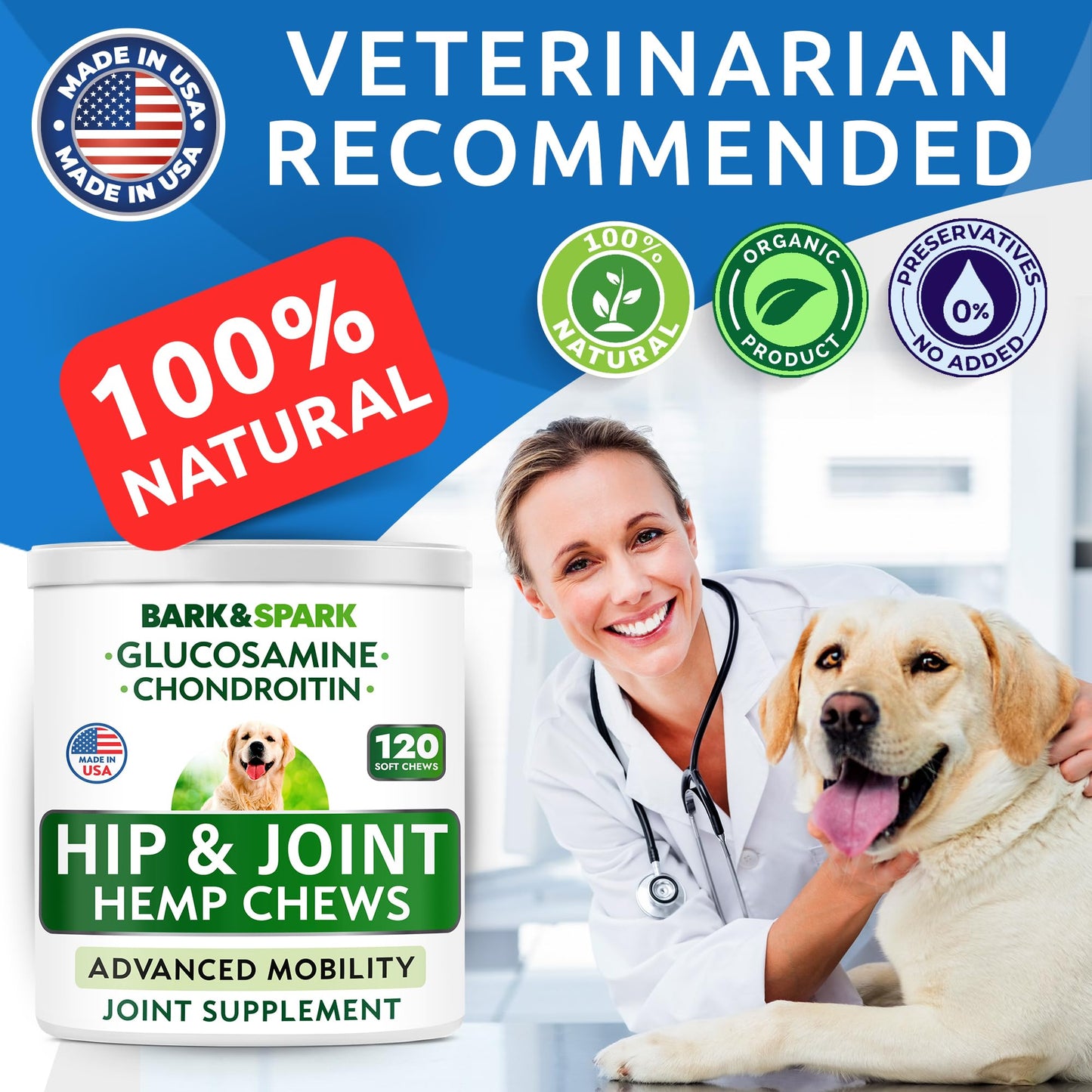 BARK&SPARK Advanced Hemp Chews for Dog Joint Pain Relief - Glucosamine Chondroitin Hemp Treats Hip Joint Health - Joint Supplement Large Breed & Small - Hemp Treats Joints Old Senior Dog (120Ct/Lamb)
