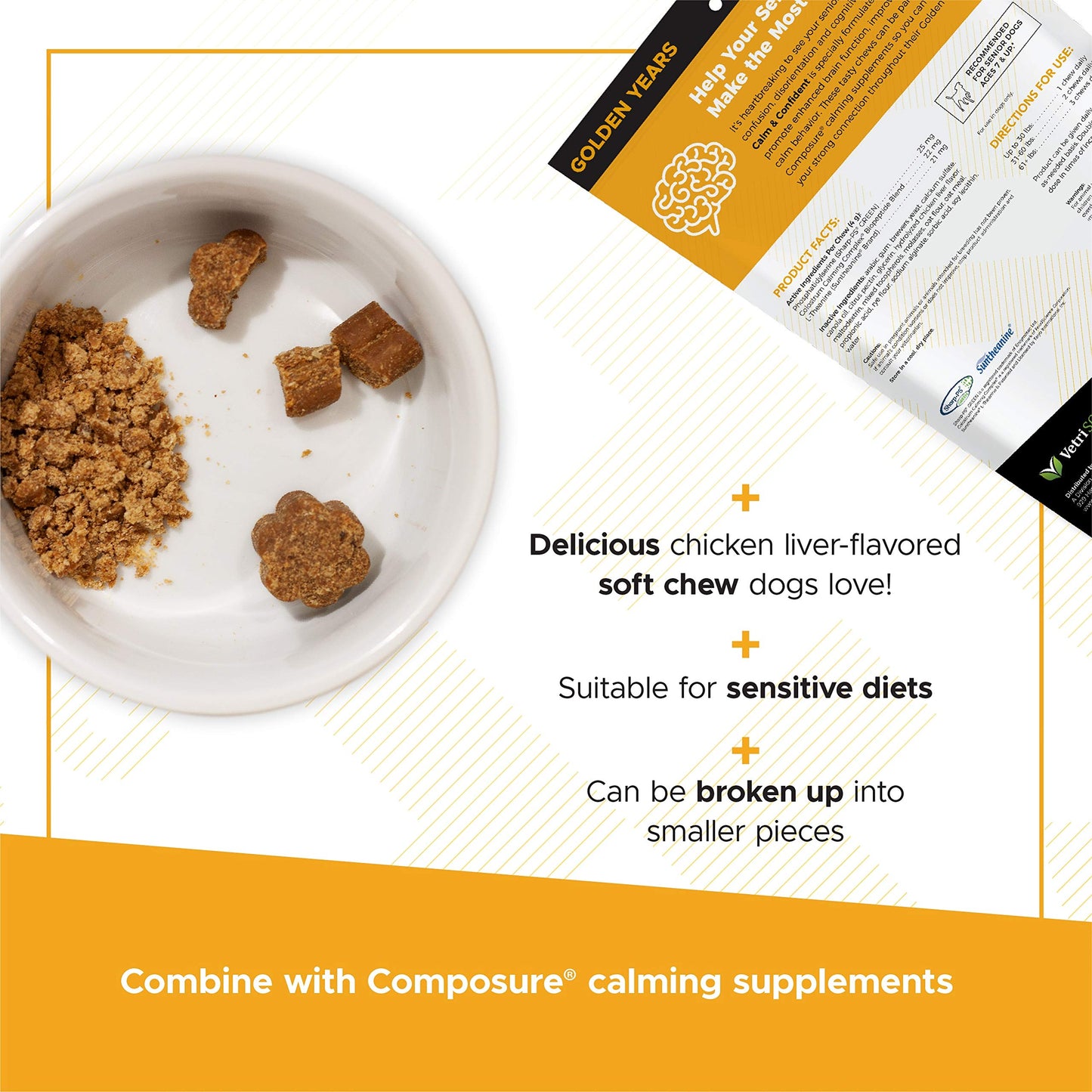 VetriScience Senior Calm & Confident Soft Chews with Colostrum and L-Theanine, Golden Years Calming, Cognition and Brain Health, Sundowners Supplement for Senior Dogs, Chicken, 60 Count
