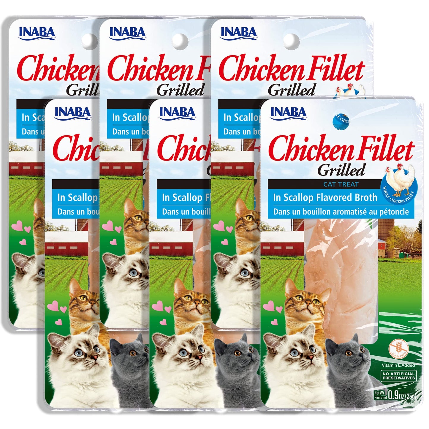 INABA Premium Hand-Cut Grilled Chicken Fillet Cat Treats/Topper with Vitamin E and Green Tea Extract, 0.9 Ounces Each, Pack of 6, Scallop Broth
