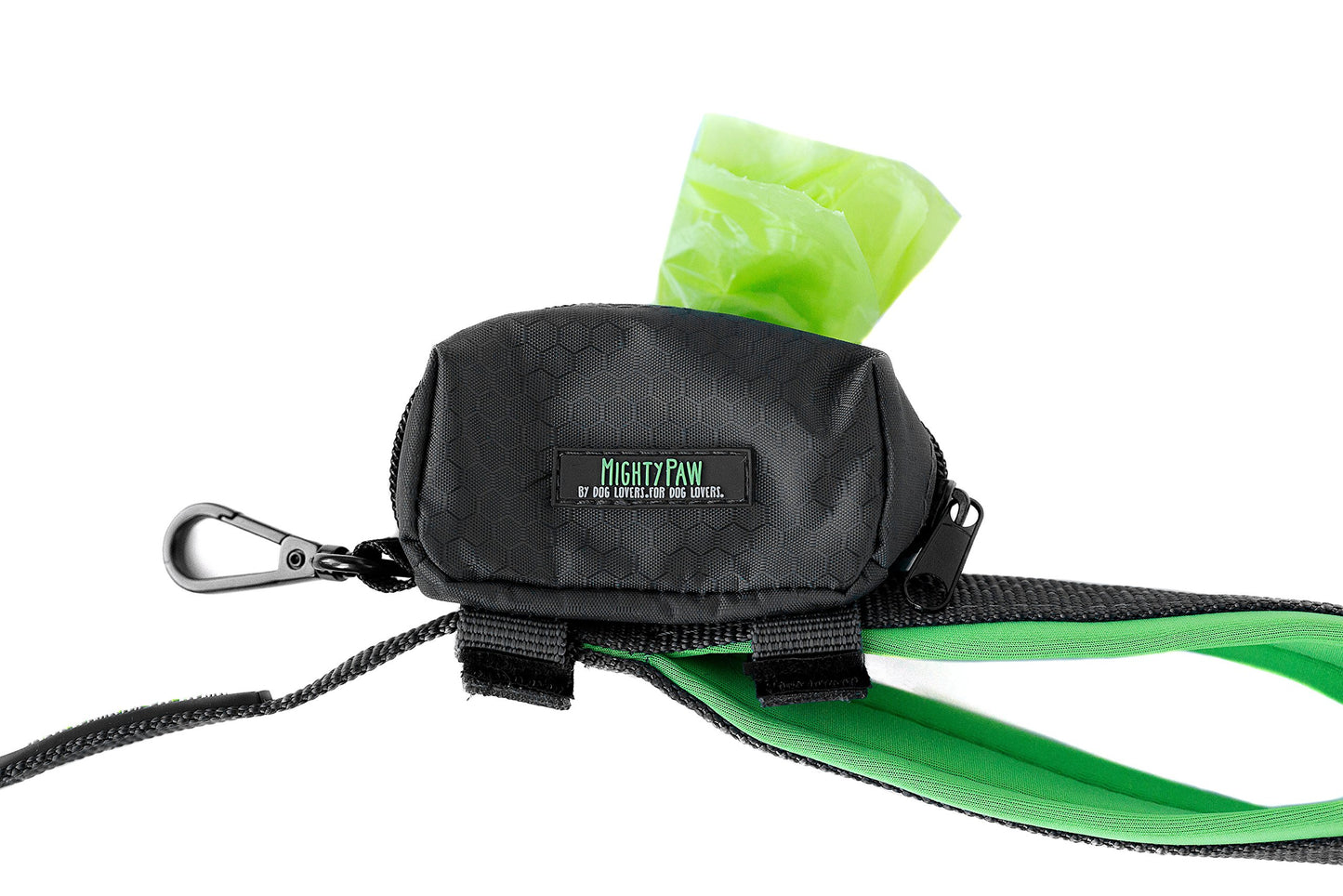 Mighty Paw Dog Poop Bag Holder - Zippered Pouch with Carabiner Hook - Includes Roll of Pick-up Bags - Pet Poop Holder and Dispenser - Pet Walking Supplies - (Grey/Green)