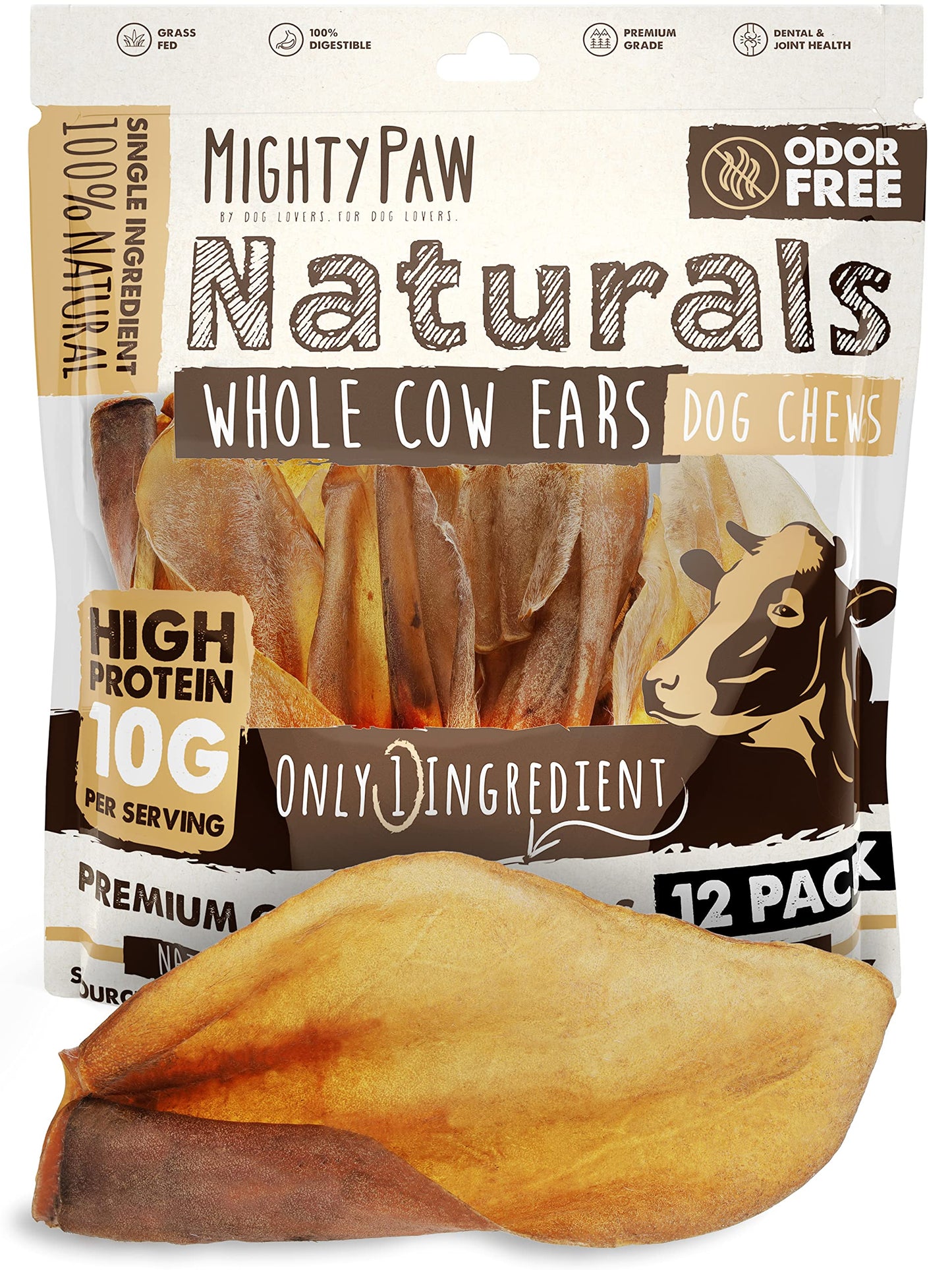 Mighty Paw 100% Natural Unbleached Cow Ears for Dogs - Single Ingredient - Cows Ears for Dogs Chew Treats Suitable for Small, Medium & Large Breeds - Pet Chews (12 Pack)