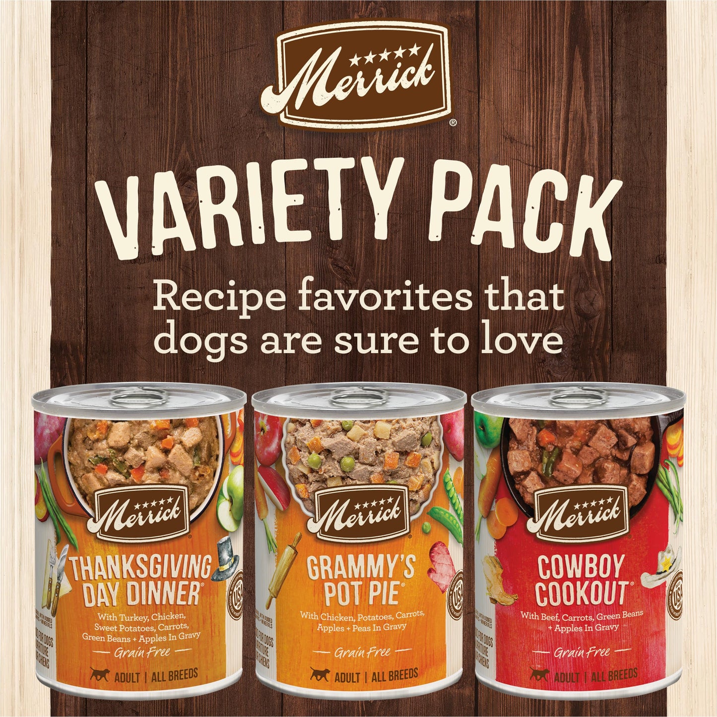 Merrick Grain Free Wet Dog Food Variety Pack, Grain Free Favorites Canned Dog Food - (12) 12.7 oz. Cans