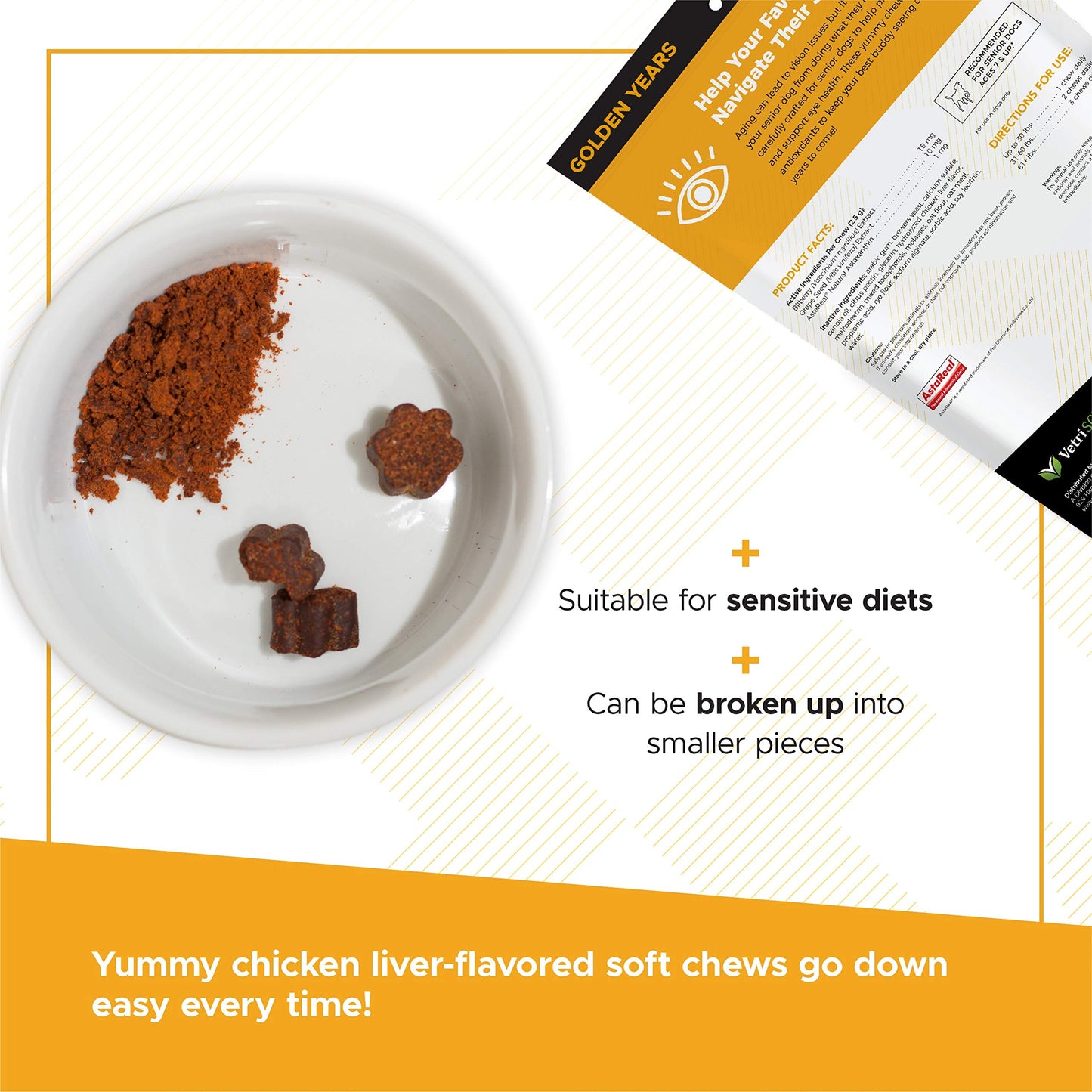 VetriScience Golden Years Clear and Bright Vision Support for Senior Dogs, Chicken Flavor, 60 Chews - Supports Cloudy and Teary Eyes and Ocular Blood Flow