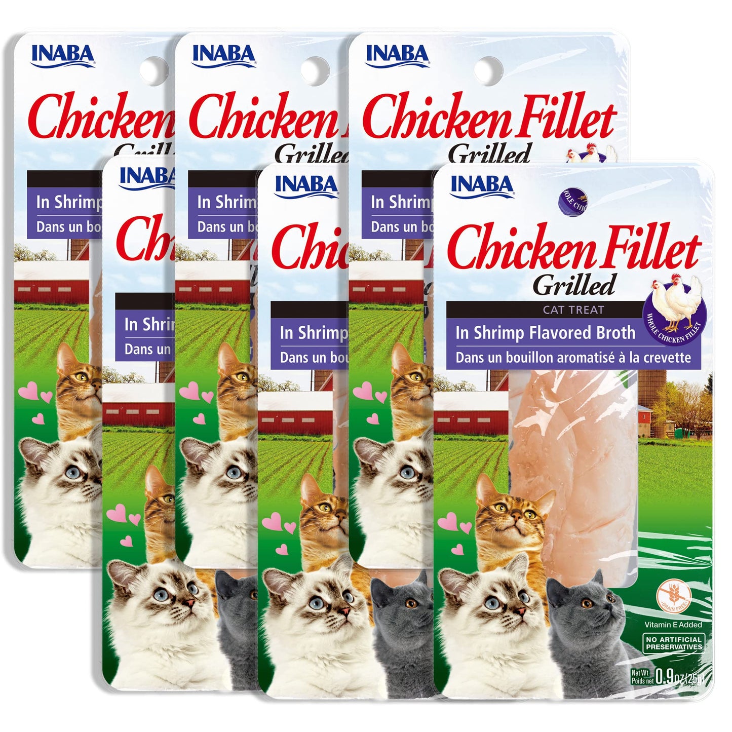 INABA Premium Hand-Cut Grilled Chicken Fillet Cat Treats/Topper with Vitamin E and Green Tea Extract, 0.9 Ounces Each, Pack of 6, Shrimp Broth