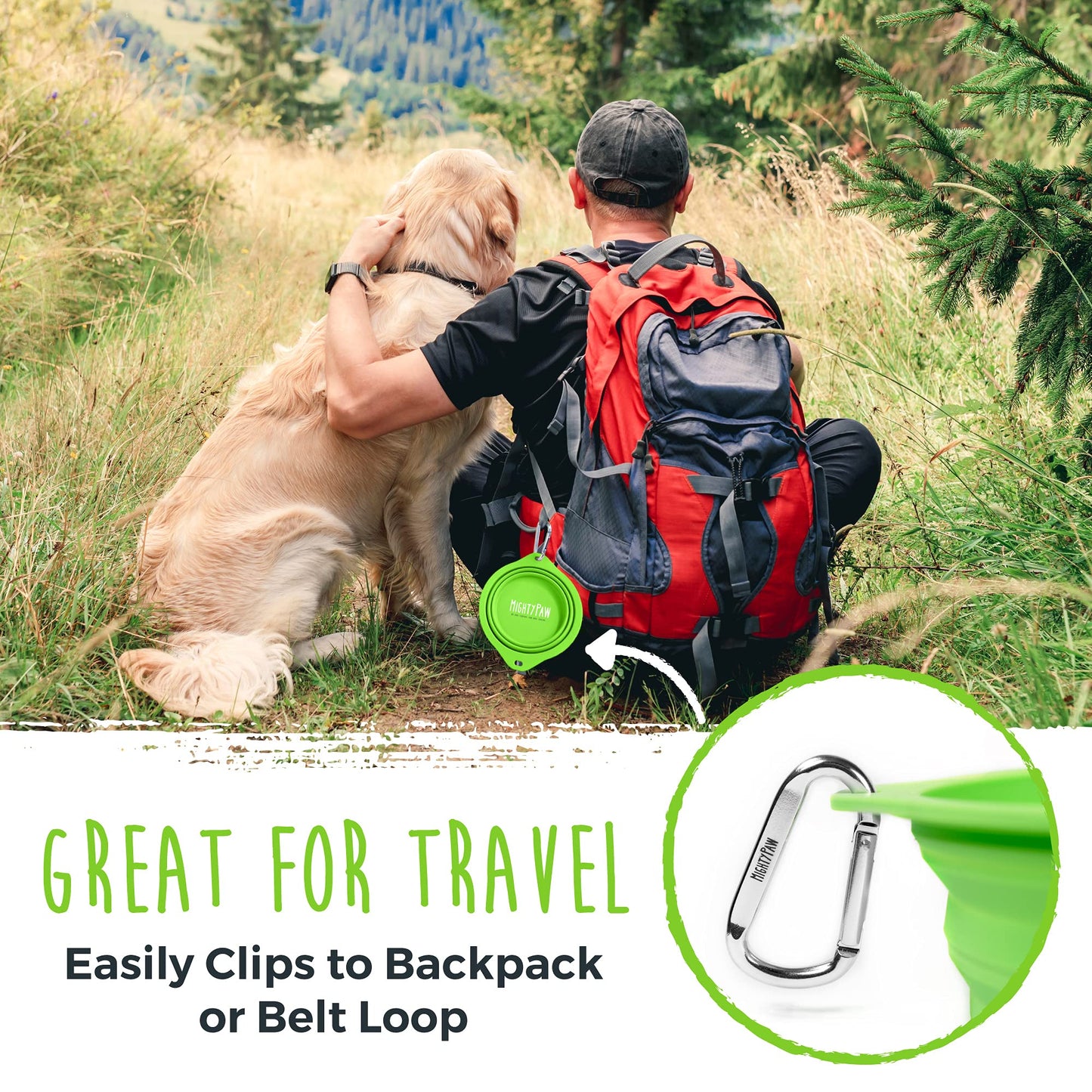 Mighty Paw Travel Dog Bowl Set - Silicone Food - Bonus Carabiner Clip - Ideal for Hiking - Camping - Lightweight - Leak-Proof - Collapsible Dog Bowl with Lid - Green - 2 Pack (27 Oz)