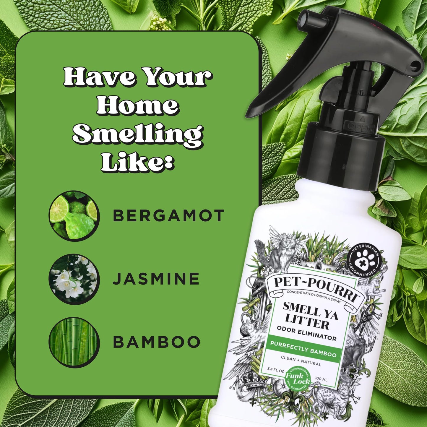 Poo-Pourri Purrfectly Bamboo 3.4oz Cat & Home Deodorizer Spray – Cat & Dog Odor Remover – Plant Based Ingredients – Vet Recommended – Great for Air, Carpet, Litter Box, Pee, Urine & Strong Pet Odors