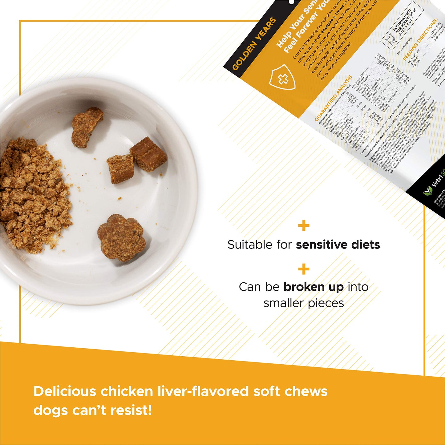 VetriScience Extra Strength Senior 27+ Active Health Chews, Golden Years Daily Multivitamin for Senior Dogs, Balanced Vitamins, Minerals, and Omega-3s, Aging and Wellness Support, Chicken, 60 Count