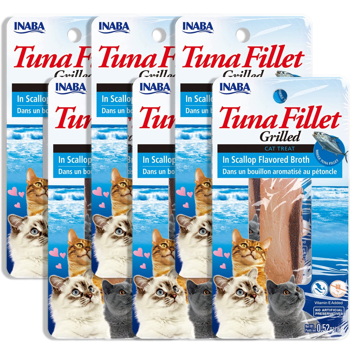 INABA Premium Hand-Cut Grilled Tuna Fillet Cat Treats/Topper with Vitamin E and Green Tea Extract, 0.52 Ounces Each, Pack of 6, Scallop Broth