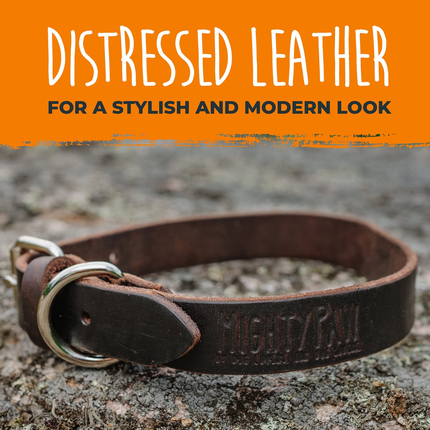 Mighty Paw Leather Dog Collar - Genuine Distressed Leather - Strong Metal Buckle - Ultimate Comfort - Modern Style for All Dogs Breeds - Comfort Puppy Collar - (Small - Brown)