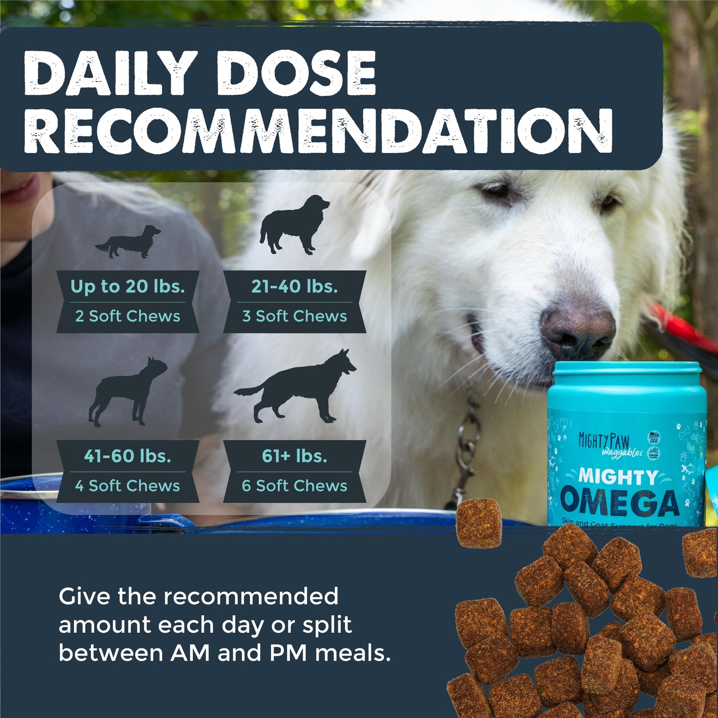 Mighty Paw Waggables Mighty Omega (Made in The USA, 120 Count) | Omega 3 Fish Oil Chew for Dogs. Salmon Flavor Skin and Coat Supplement. Soft Chew Fish Oil for Dogs - DHA & EPA, Bacon Flavor
