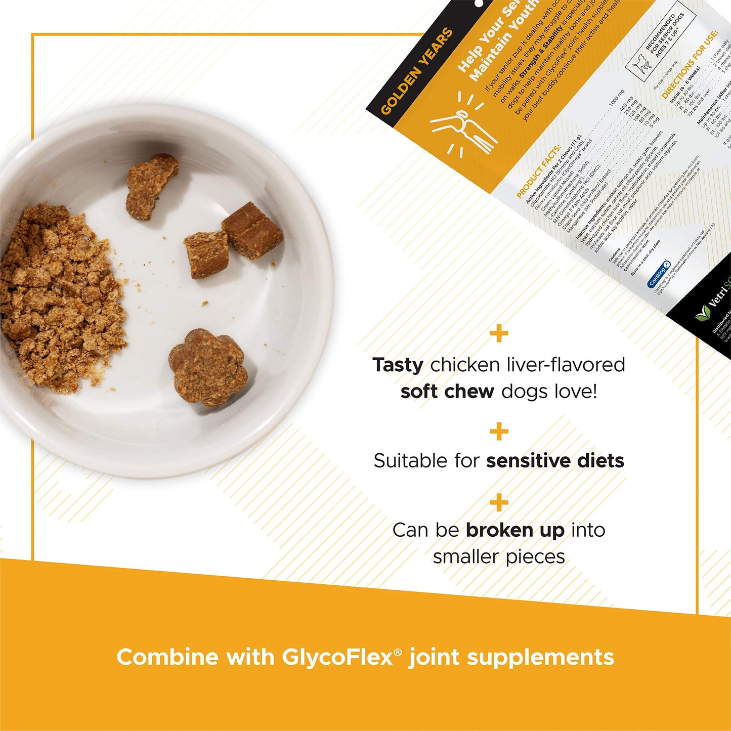 VetriScience Senior Healthy Hip & Joint Soft Chews, GlycoFlex Glucosamine, Green-Lipped Mussel, and Carnitine Joint Supplement for Senior Dogs, Soothe Joint Discomfort, Chicken, 120 Count
