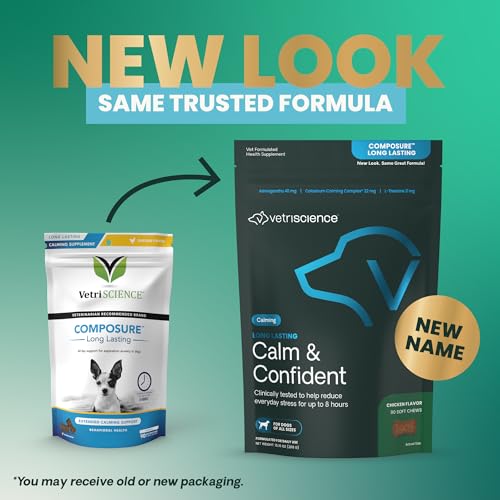 VetriScience Long Lasting Calm & Confident Calming Chews for Dogs, Supplement for Stress Support, Thunderstorms, Fireworks, & Travel, Chicken, Soft Chews, 90 Count - New Look