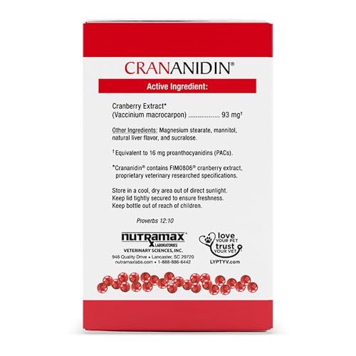 Nutramax Laboratories Crananidin Cranberry Extract Urinary Tract Health Supplement for Dogs, 75 Chewable Tablets