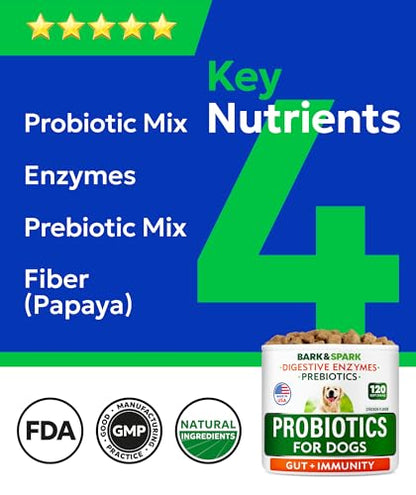 BARK&SPARK Dog Probiotics for Digestive Health w/Enzymes - Diarrhea Gas Treatment Upset Stomach Relief - Allergy & Itchy Skin - Pet Probiotics for Dogs - Digestion Supplement Treat (120Ct Chicken)