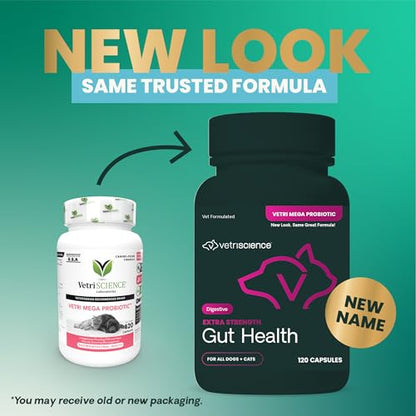 VetriScience Extra Strength Gut Health Easy-Open Capsules, Mega Probiotic and Prebiotic Digestive Supplement for Dogs and Cats, for Diarrhea and Immune Support, 7.5 Billion CFU Per Capsule, 120 Count