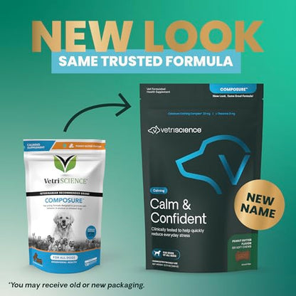 VETRISCIENCE Calm & Confident Chews, Composure Clinically Tested Calming & Anxiety Relief for Dogs, CBD and Melatonin Free Calming Chews for Dogs, Peanut Butter, 120 Count