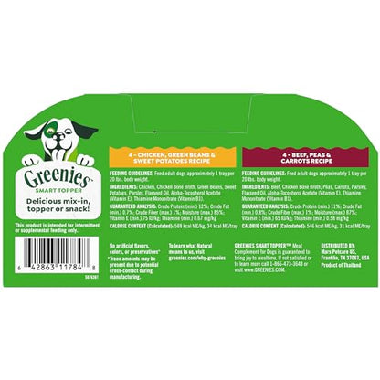 Greenies Smart Topper High Protein Wet Mix-in for Dogs, Chicken, Green Beans, and Sweet Potatoes Recipe & Beef, Peas, and Carrots Recipe Variety Pack, 8 Trays of 2oz.