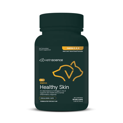 VetriScience Healthy Skin Omega 3, 6, 9 Fish Oil Supplement for Dogs and Cats, 90 Gel Capsules - Supports Healthy Skin & Coat, Immune Health, and Joint Mobility