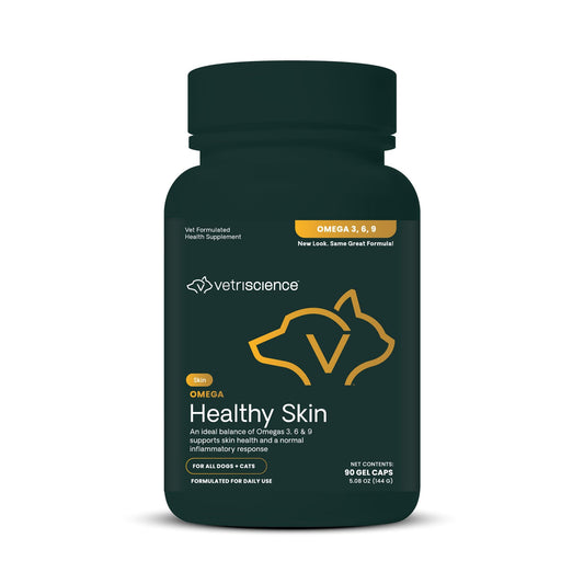 VetriScience Healthy Skin Omega 3, 6, 9 Fish Oil Supplement for Dogs and Cats, 90 Gel Capsules - Supports Healthy Skin & Coat, Immune Health, and Joint Mobility
