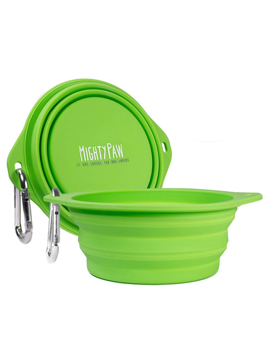 Mighty Paw Travel Dog Bowl Set - Silicone Food - Bonus Carabiner Clip - Ideal for Hiking - Camping - Lightweight - Leak-Proof - Collapsible Dog Bowl with Lid - Green - 2 Pack (27 Oz)