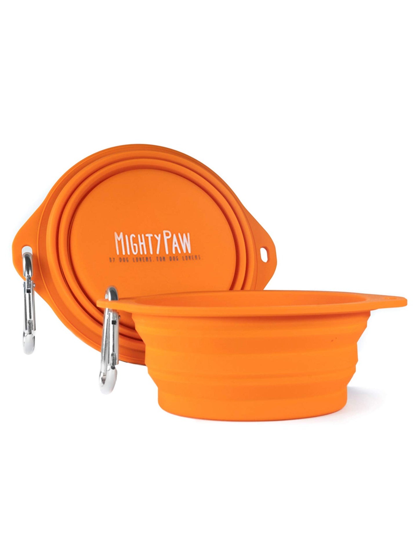 Mighty Paw Collapsible Travel Dog Bowl Set - Silicone Food and Water Bowls - Bonus Carabiner Clip - Ideal Hiking - Camping - Walking - Lightweight - Leak-Proof Dog Set - Orange - 2 Pack (27 oz)