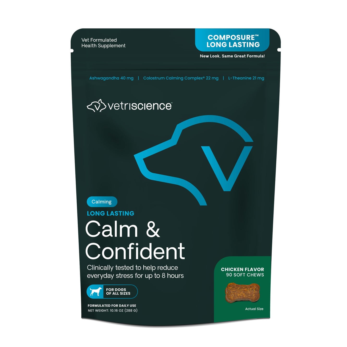 VetriScience Long Lasting Calm & Confident Calming Chews for Dogs, Supplement for Stress Support, Thunderstorms, Fireworks, & Travel, Chicken, Soft Chews, 90 Count - New Look