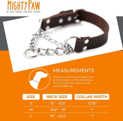 Mighty Paw Martingale Dog Collar - No Pull Design - Stainless Steel Chain - Limited Chain Cinch Training - Brown Leather Martingale Training Collar - Small Size