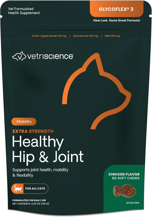 VetriScience Extra Strength Healthy Hip & Joint Chews, GlycoFlex Glucosamine and Green-Lipped Mussel Joint Support Supplement for Cats, Promote Mobility and Soothe Joint Discomfort, Chicken, 60 Count