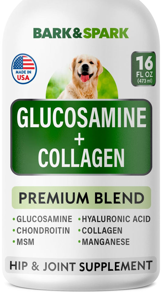 BARK&SPARK Liquid Collagen + Glucosamine for Dogs - 16 Fl Oz Easy to Serve Joint Supplement - Advanced Formula with Chondroitin, MSM, Hip & Joint + Skin & Coat Care - Made in USA