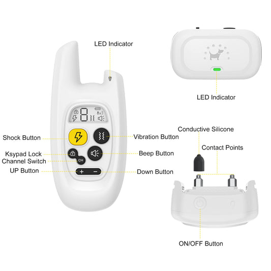 VIWIK Shock Collar for Large Medium Small Dogs, Rechargeable Dog Training Collar with Remote 1600FT, Electric IPX7 Waterproof Bark Collar W/Beep, Vibration, Shock and Keypad Lock White